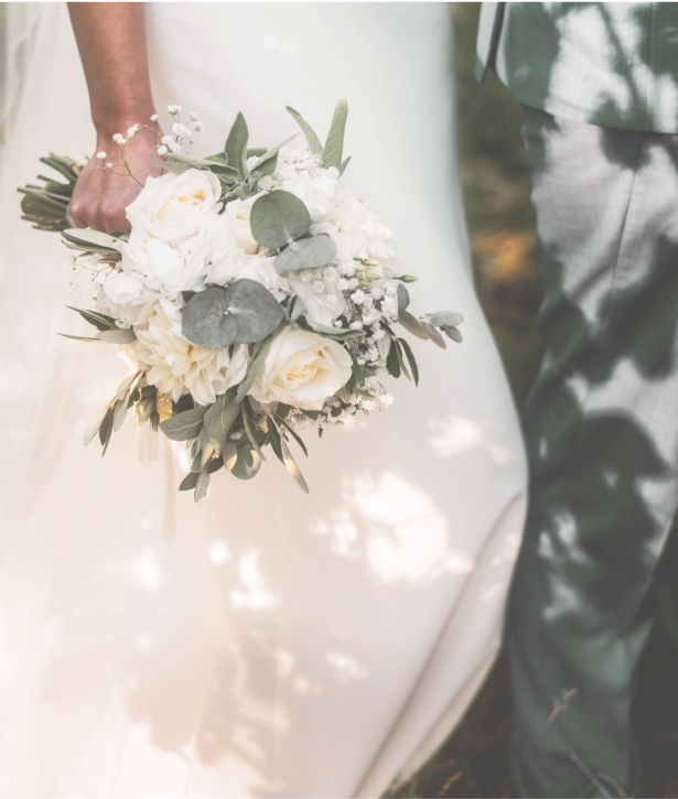 beautiful wedding dress and flowers