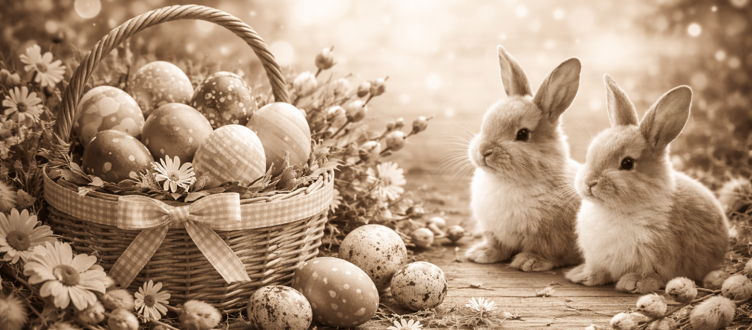 Osterkorb mit Eiern und 2 Hasen