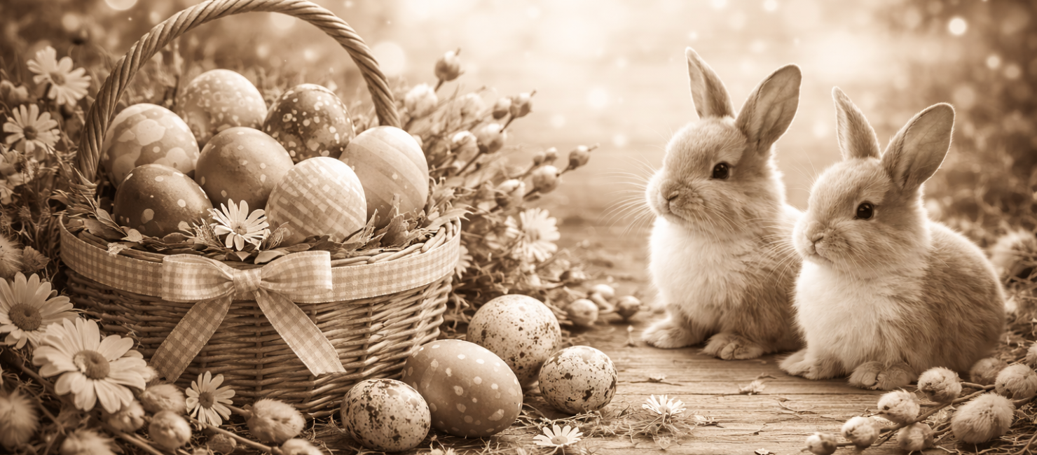 Ostereier in einem Korb und 2 Hasen, alles in Brauntönen
